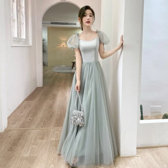 Modest Simple Sage Green Bridesmaid Dresses 2022 A Line Princess Square Neckline Short Sleeve Backless Floor Length Long Bridesmaid Formal Dresses