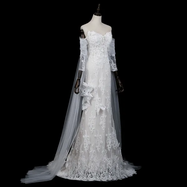 Haut de Gamme Blanche Noeud En Dentelle Fleur Perle Robe De Soirée 2026 Trompette / Sirène De l'épaule Manches Courtes Dos Nu Train De Balayage Soirée Robe De Ceremonie