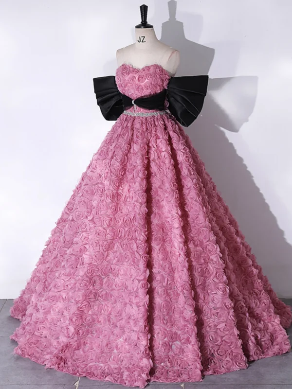 Schöne Pink Rüschen Blumen Ballkleider 2024 Ballkleid Off Shoulder Kurze Ärmel Rückenfreies Sweep / Pinsel Zug Ball Festliche Kleider