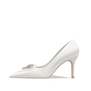 Eleganta Elfenben Hj Ärtformig Rhinestone Brudskor 2022 Läder 8 Cm Stilettklackar Spetsiga Bröllop Pumps Högklackade