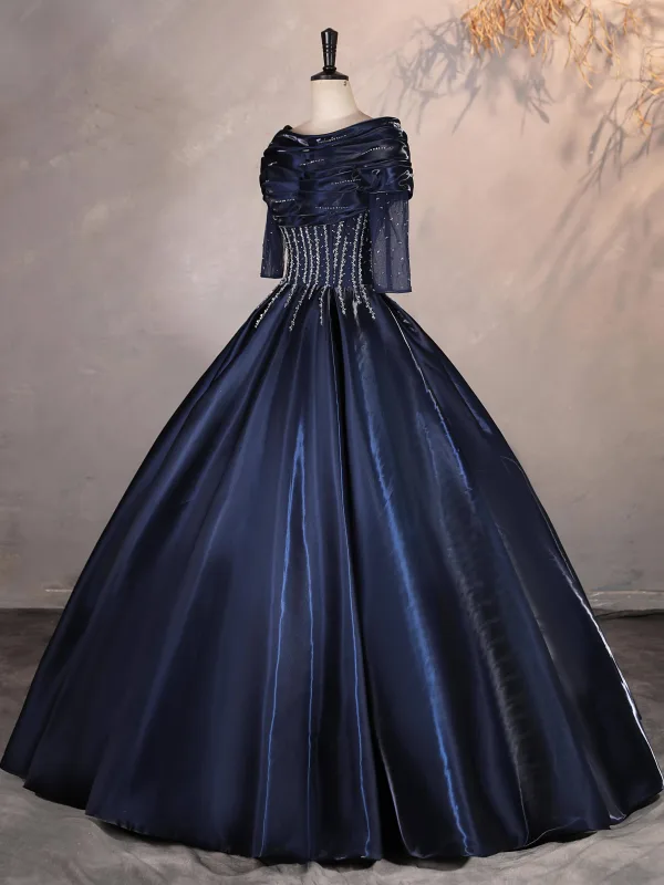 Vintage / Originale Bleu Marine Perlage Paillettes Robe De Bal 2025 Robe Boule De l'épaule 1/2 Manches Dos Nu Longue Robe De Ceremonie
