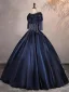 Vintage / Originale Bleu Marine Perlage Paillettes Robe De Bal 2025 Robe Boule De l'épaule 1/2 Manches Dos Nu Longue Robe De Ceremonie