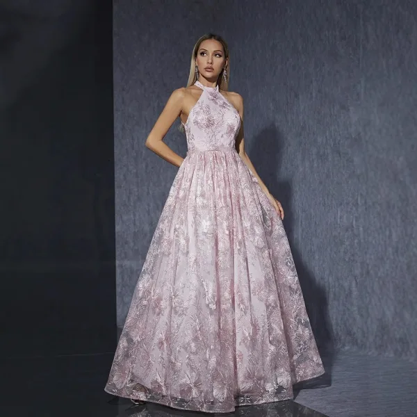 Chic / Beautiful Blushing Pink Lace Flower Prom Dresses 2025 A-Line / Princess High Neck Sleeveless Floor-Length / Long Formal Dresses