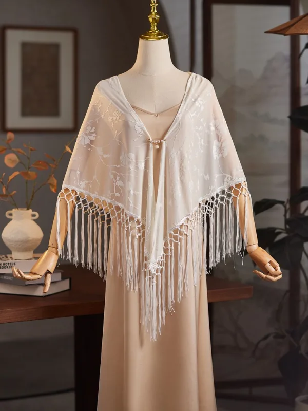 Vintage / Retro shawl Beige Lace Tassel Polyester Shawls 2025