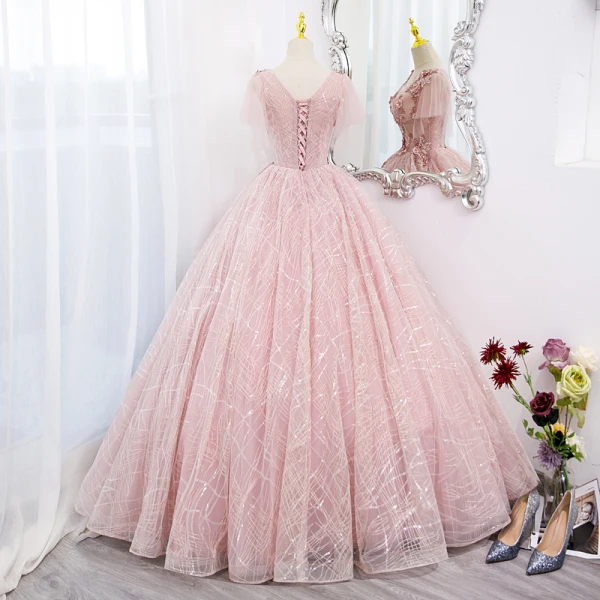 Elegante Blozen Roze Parel Kant Bloem Galajurken 2022 Baljurk Ronde Hals Korte Mouwen Ruglooze Lange Gala Gelegenheid Jurken