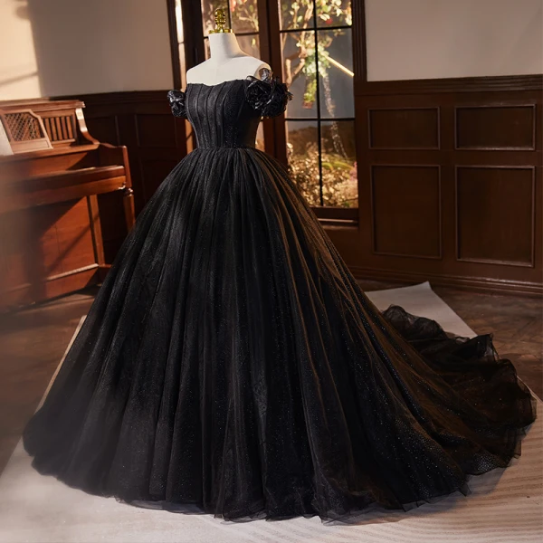 Charmant Noire Paillettes Robe De Bal 2023 Robe Boule De l'épaule Volants Manches Courtes Dos Nu Tribunal Train Promo Robe De Ceremonie