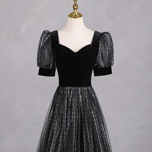 Bling Bling Noire Faux Diamant Paillettes Robe De Bal 2024 Princesse Encolure Carrée Manches Courtes Dos Nu Longue Promo Robe De Ceremonie