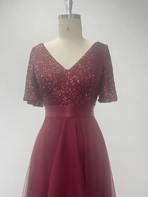 Chic / Belle Bordeaux Paillettes Asymétrique Robe De Bal 2024 Princesse V-Cou Manches Courtes Dos Nu Promo Robe De Ceremonie