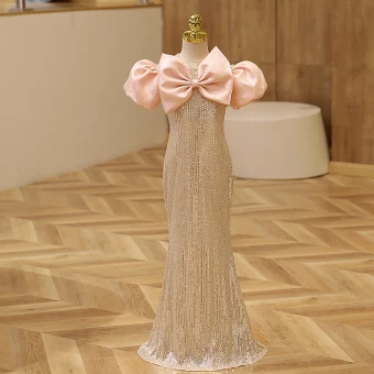 Sparkly Gold Sequins Birthday Flower Girl Dresses 2023 Trumpet Mermaid Scoop Neck Puffy Short Sleeve Bow Floor Length Long Flower Girl Dresses