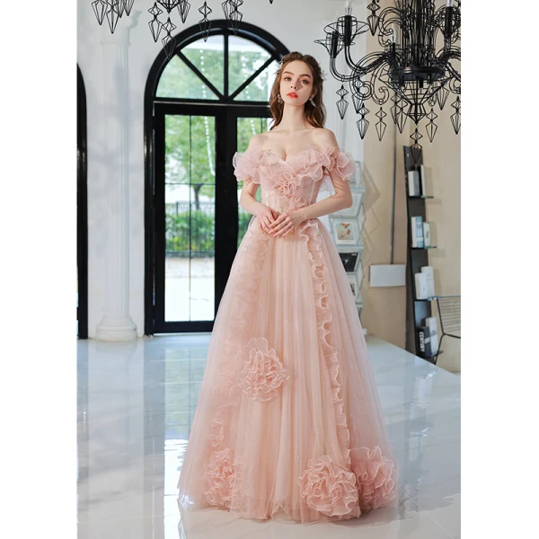 Chic / Beautiful Blushing Pink Ruffle Prom Dresses 2022 A-Line / Princess Off-The-Shoulder Short Sleeve Backless Floor-Length / Long Formal Dresses