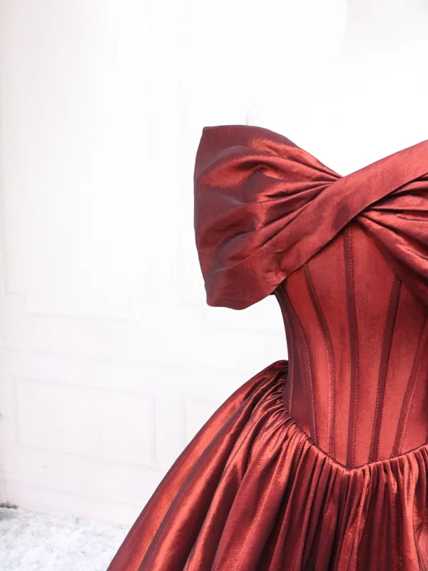 Elegant Burgundy Satin Prom Dresses 2025 Ball Gown Bow Off-The-Shoulder Short Sleeve Backless Floor-Length / Long Prom Formal Dresses