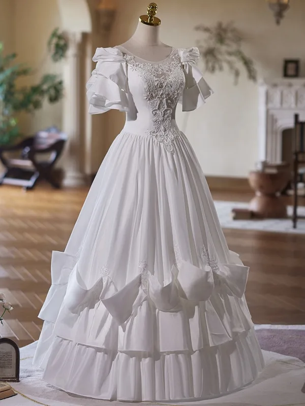 Vintage / Retro Medieval White Pearl Lace Flower Wedding Dresses 2025 Ball Gown Scoop Neck Short Sleeve Backless Floor-Length / Long Wedding