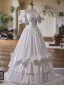 Vintage / Retro Medieval White Pearl Lace Flower Wedding Dresses 2025 Ball Gown Scoop Neck Short Sleeve Backless Floor-Length / Long Wedding