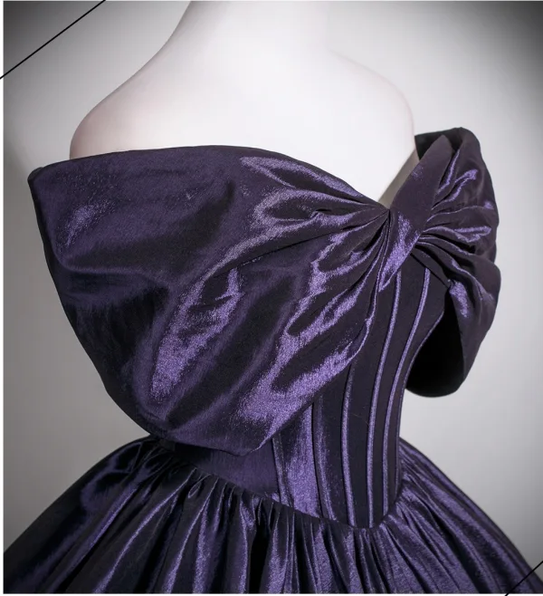 Vintage / Retro Purple Prom Dresses 2025 Ball Gown Bow Off-The-Shoulder Short Sleeve Backless Floor-Length / Long Formal Dresses