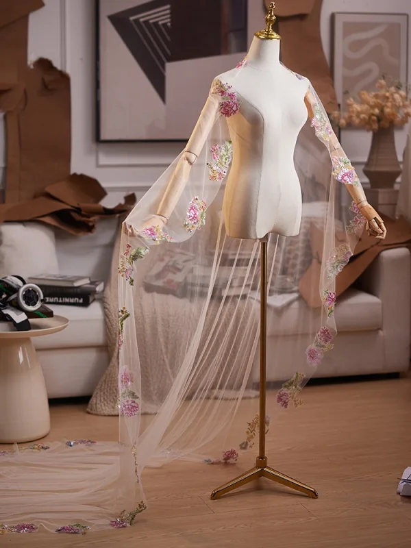 Chic / Beautiful Blushing Pink Lace Flower Prom shawl 2025 Tulle