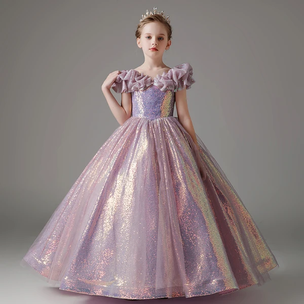 Chic / Beautiful Lavender Glitter Sequins Birthday Flower Girl Dresses 2023 Ball Gown Ruffle Off-The-Shoulder Short Sleeve Floor-Length / Long