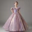 Chic / Beautiful Lavender Glitter Sequins Birthday Flower Girl Dresses 2023 Ball Gown Ruffle Off-The-Shoulder Short Sleeve Floor-Length / Long