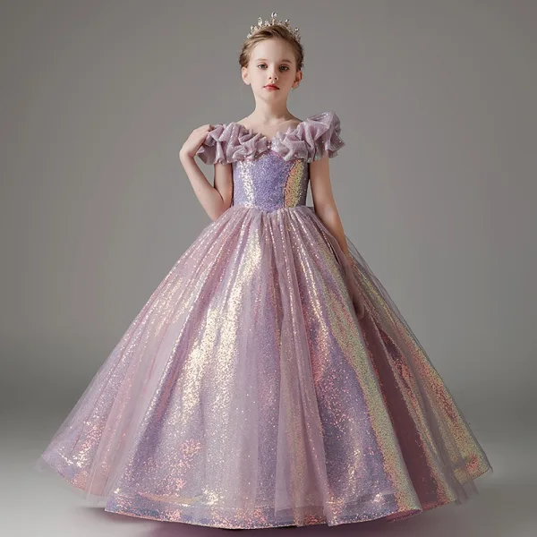 Sparkly Lilac Pearl Sequins Birthday Ball Gown Flower Girl Dresses 2024 Scoop Neck Short Sleeve Floor-Length / Long