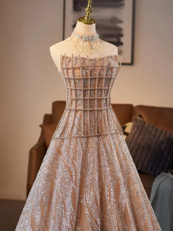 Luxury / Gorgeous Sparkly Champagne Beading Rhinestone Sequins Prom Dresses 2025 A-Line / Princess Strapless Sleeveless Backless Floor-Length / Long Formal Dresses