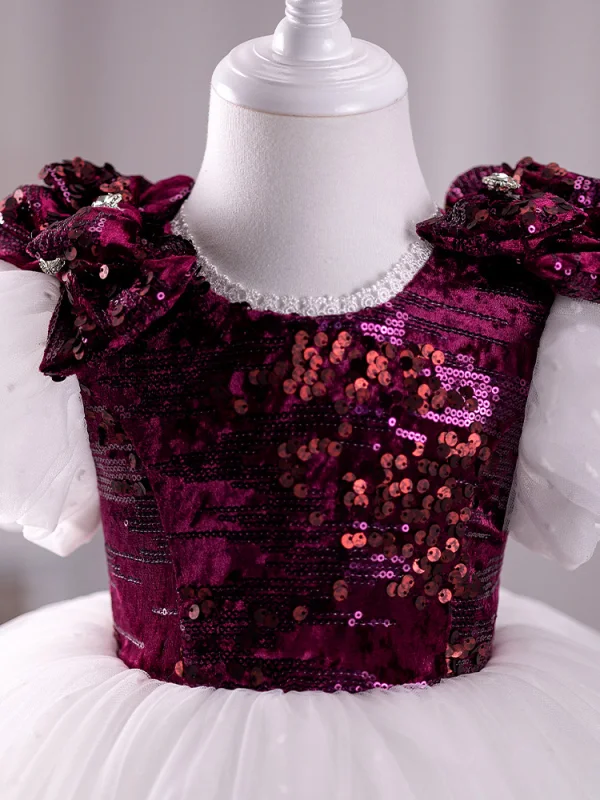 Chic / Belle Bordeaux Paillettes Anniversaire Robe Ceremonie Fille 2024 Robe Boule Encolure Dégagée Gonflée Manches Courtes Longue Robe Ceremonie Fille