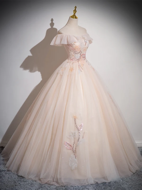 Chic / Beautiful Champagne Beading Sequins Lace Flower Prom Dresses 2024 Ball Gown Off-The-Shoulder Sleeveless Backless Floor-Length / Long Prom Formal Dresses
