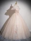 Chic / Beautiful Champagne Beading Sequins Lace Flower Prom Dresses 2024 Ball Gown Off-The-Shoulder Sleeveless Backless Floor-Length / Long Prom Formal Dresses