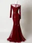 Bling Bling Burgundy Rhinestone Sequins Evening Dresses 2026 Trumpet / Mermaid Scoop Neck Long Sleeve Sweep Train Formal Dresses