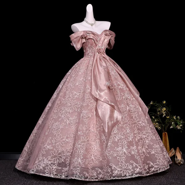 Traumhaft Rosa Applikationen Stickerei Ballkleider 2026 Ballkleid Off Shoulder Kurze Ärmel Rückenfreies Lange Festliche Kleider