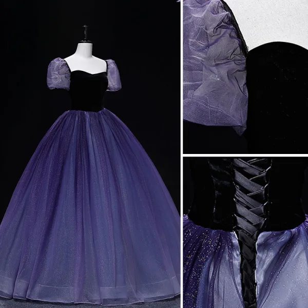 Vintage / Retro Purple Prom Dresses 2022 Ball Gown Square Neckline Puffy Short Sleeve Backless Floor-Length / Long Prom Formal Dresses