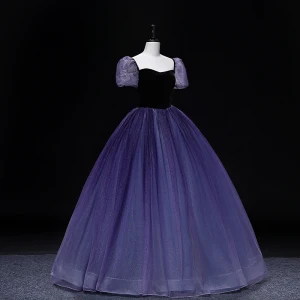 Vintage Retro Purple Prom Dresses 2022 Ball Gown Square Neckline Puffy Short Sleeve Backless Floor Length Long Prom Formal Dresses