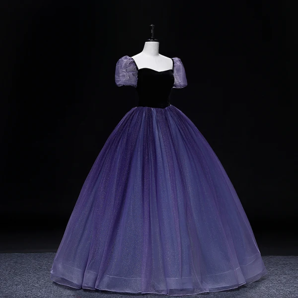 Vintage Retro Purple Prom Dresses 2022 Ball Gown Square Neckline Puffy Short Sleeve Long