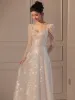 Sparkly Light Ivory Beading Pearl Wedding Dresses 2024 A-Line / Princess Square Neckline Long Sleeve Backless Sweep Train Wedding