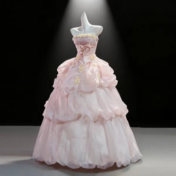Blomsterfe Lyserød Sløjfe Applikationsbroderi Cascading Flæser Gallakjoler 2026 Chiffon Balkjole Off-The-Shoulder Ærmeløs Halterneck