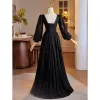 Elegant Black Winter Pearl Lace Prom Dresses 2024 A-Line / Princess Square Neckline Long Sleeve Backless Floor-Length / Long Prom Formal Dresses