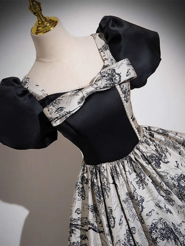 Vintage / Retro Black Printing Prom Dresses 2024 Ball Gown Square Neckline Bow Puffy Short Sleeve Backless Floor-Length / Long Prom Formal Dresses