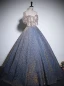 Elegant Sky Blue Beading Rhinestone Sequins Prom Dresses 2024 Ball Gown Off-The-Shoulder Short Sleeve Backless Floor-Length / Long Prom Formal Dresses