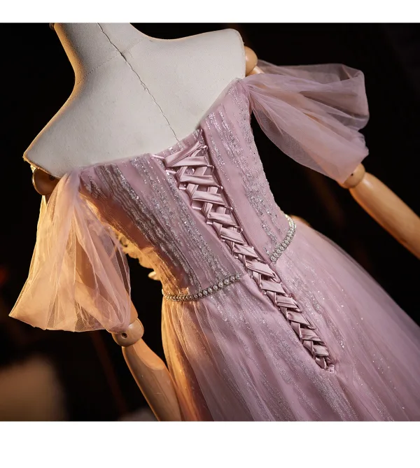 Schöne Rosa Perle Strass Pailletten Applikationen Gespaltete Front Ballkleider 2025 A Linie Off Shoulder Ärmellos Rückenfreies Lange Ball Festliche Kleider