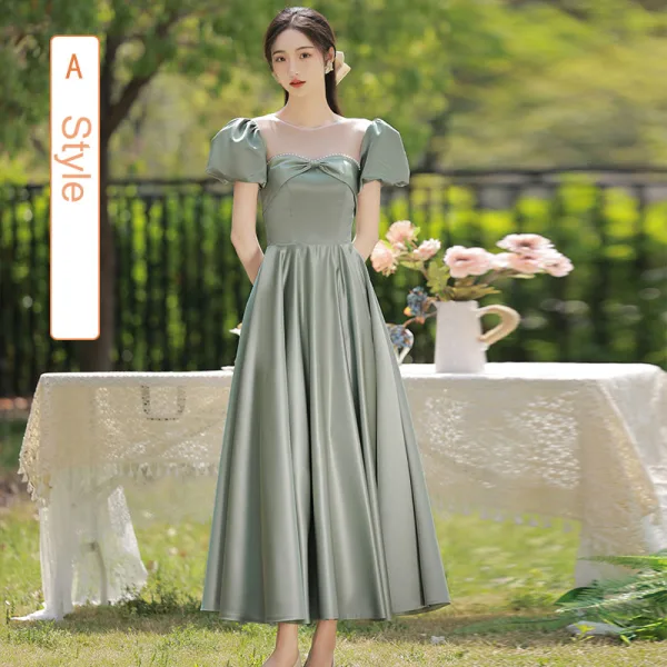 Simple Vert Cendré Satin Robe Demoiselle D'honneur 2022 Princesse Manches Courtes Dos Nu Noeud Longue Robe Demoiselle D'honneur