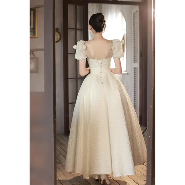 Elegant Ivory Pearl Appliques Prom Dresses 2022 A-Line / Princess Square Neckline Short Sleeve Backless Floor-Length / Long Prom Formal Dresses