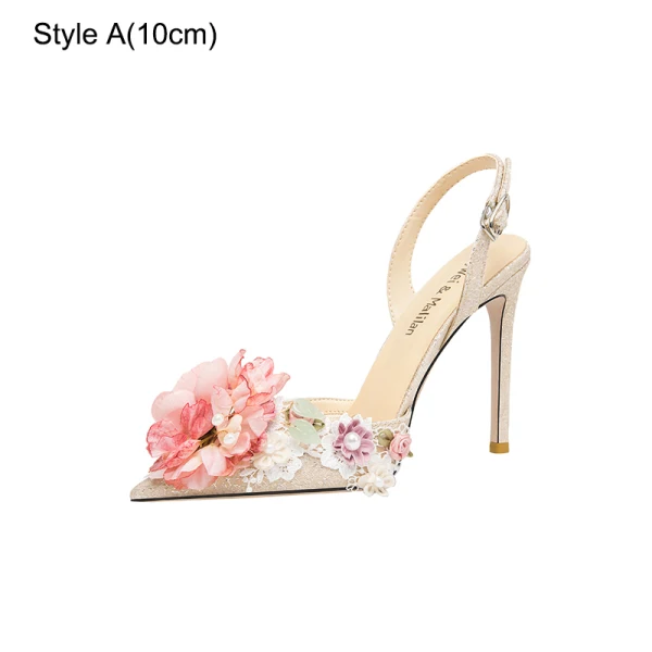 Fashion Champagne Pearl Appliques Sequins Womens Sandals 2023 10 cm Stiletto Heels Pointed Toe Prom Sandals High Heels