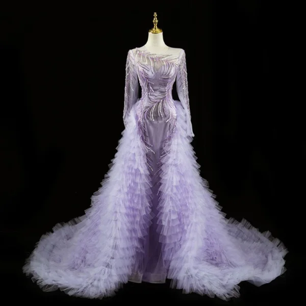 Luxe Charmant Lavande Fait main Perlage Faux Diamant Percé Robe De Soirée 2023 Trompette / Sirène Encolure Dégagée Manches Longues Tribunal Train Soirée Robe De Ceremonie