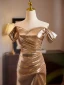 Glitzernden Sexy Champagner Pailletten Gespaltete Front Abendkleider 2024 Meerjungfrau Off Shoulder Kurze Ärmel Rückenfreies Sweep / Pinsel Zug Abend Festliche Kleider