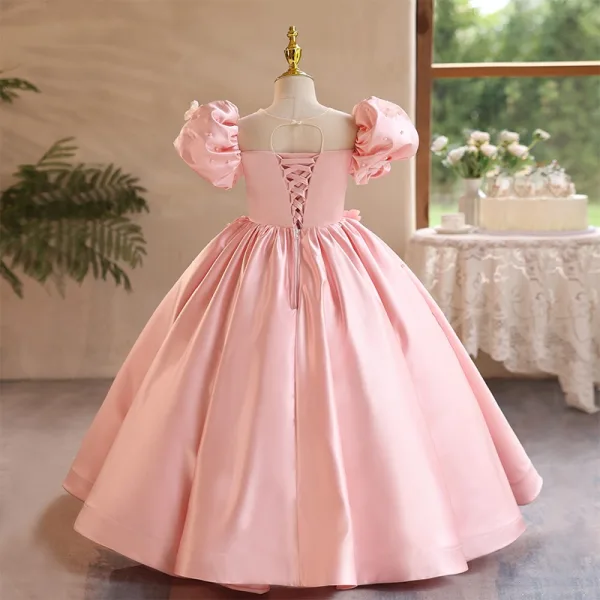 Lovely Blushing Pink Appliques Birthday Flower Girl Dresses 2024 Ball Gown Square Neckline Puffy Short Sleeve Backless Floor-Length / Long Flower Girl Dresses