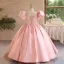 Lovely Blushing Pink Appliques Birthday Flower Girl Dresses 2024 Ball Gown Square Neckline Puffy Short Sleeve Backless Floor-Length / Long Flower Girl Dresses