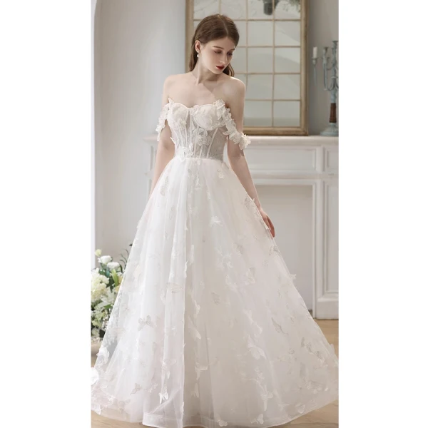 Elegant White Pearl Lace Butterfly Prom Dresses 2023 A-Line / Princess Spaghetti Straps Sleeveless Backless Floor-Length / Long Formal Dresses