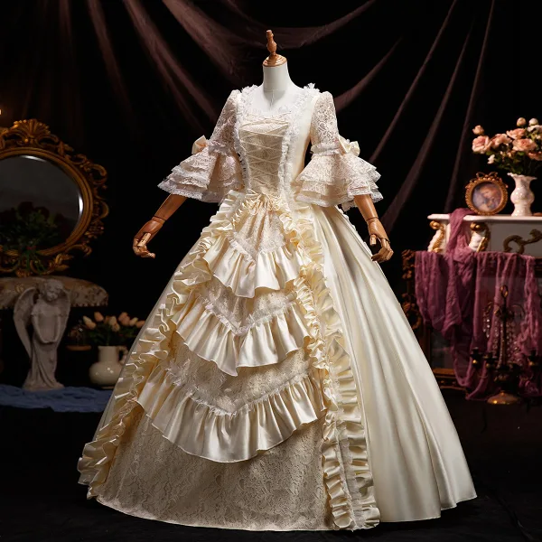 Medieval Vintage / Retro Champagne Lace Flower Ruffle Prom Dresses 2025 Ball Gown Square Neckline Bell sleeves Floor-Length / Long Prom Formal Dresses
