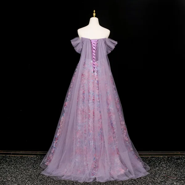 Chic / Beautiful Purple Multi-Colors Appliques Prom Dresses 2025 A-Line / Princess Off-The-Shoulder Short Sleeve Backless Floor-Length / Long Prom Formal Dresses