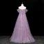 Chic / Beautiful Purple Multi-Colors Appliques Prom Dresses 2025 A-Line / Princess Off-The-Shoulder Short Sleeve Backless Floor-Length / Long Prom Formal Dresses