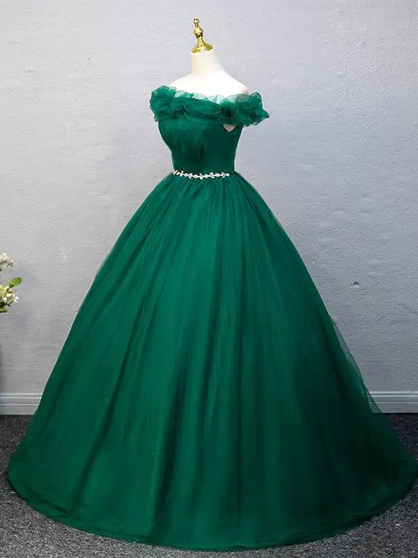 Vintage Dunkelgrün Strass Ballkleider 2025 A Linie Off Shoulder Ärmellos Rückenfreies Lange Ball Festliche Kleider