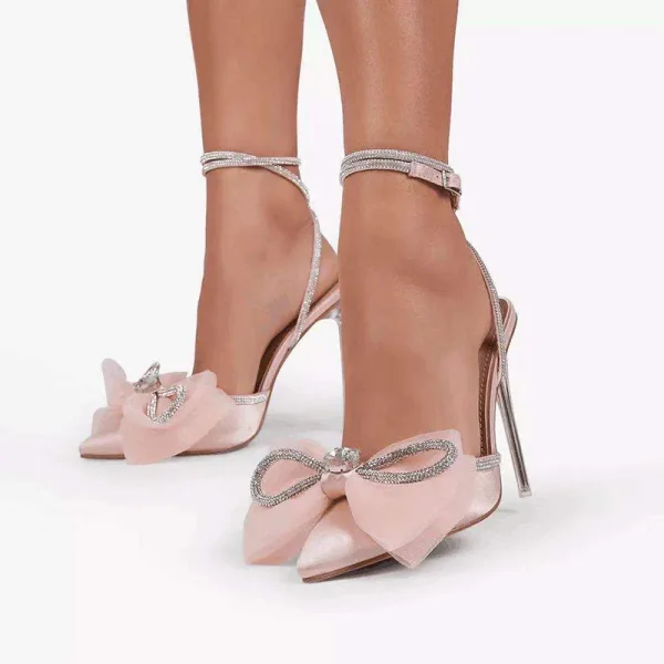 Sexy Rosa Abend Strass Schleife Sandalen Damen 2022 Knöchelriemen 11 cm Stilettos Peeptoes Sandaletten Hochhackige
